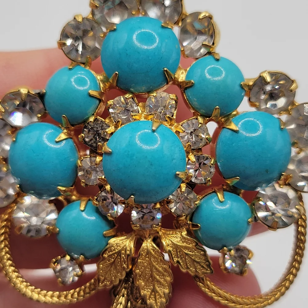 VTG Faux Turquoise & Clear Rhinestones Tassel Brooch | Juliana? Schreiner? - Picture 5 of 10